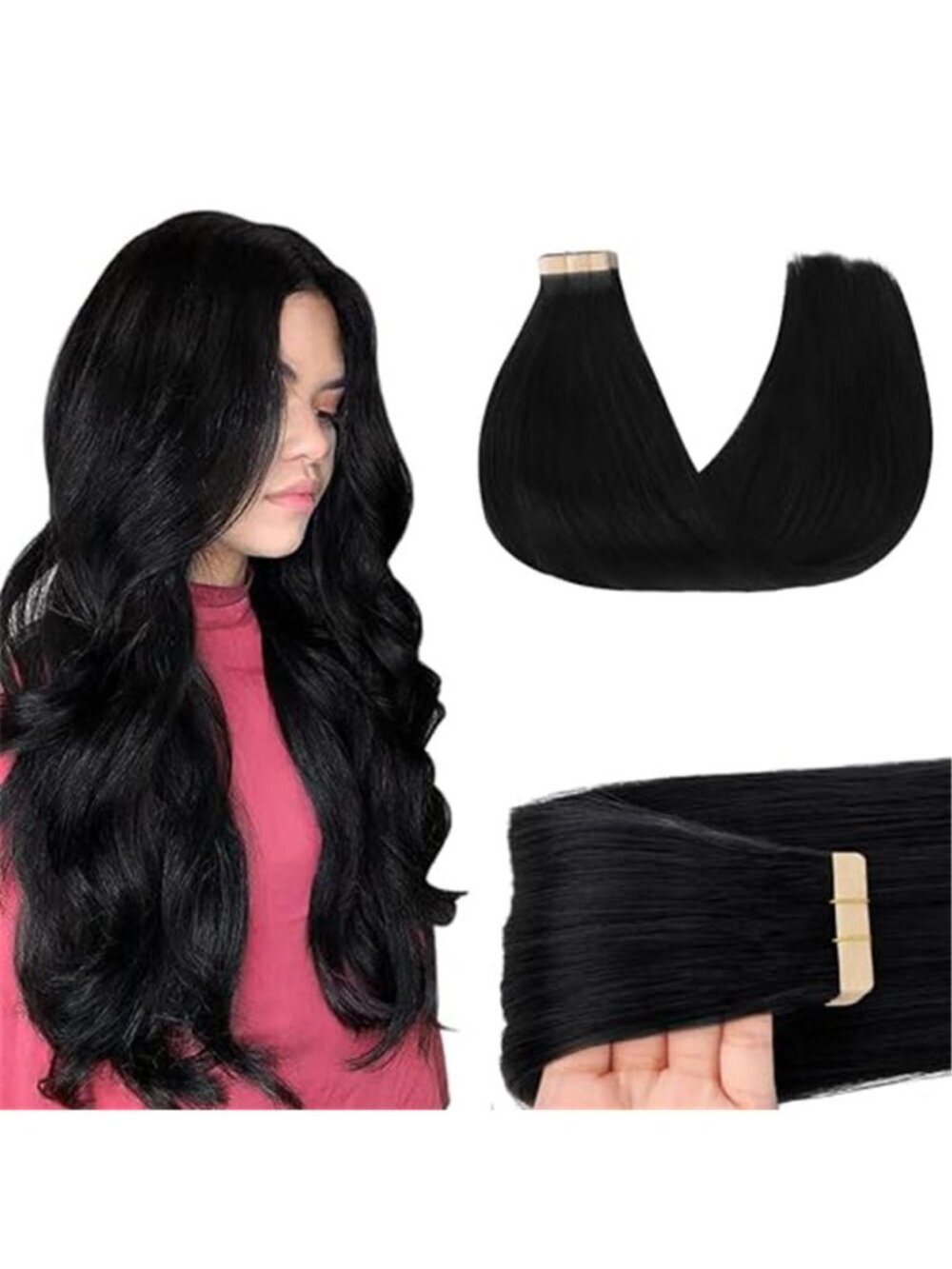 GOO GOO Tape in Hair Extensions Human Hair, 1 Jet black, 20inch 50g 20pcs, Skin